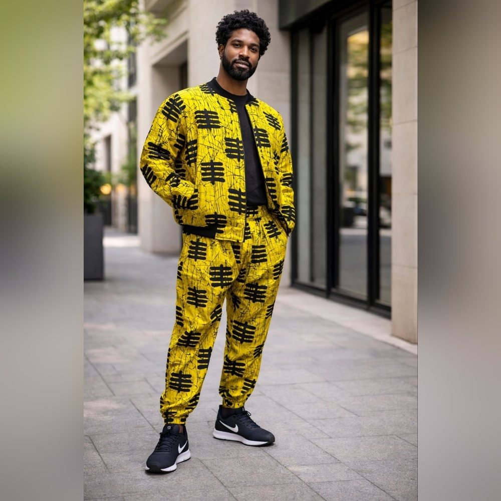 Yellow and Black Patterned Jacket and Pants Set